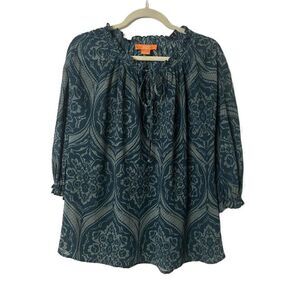 Joe Fresh Blouse Womens Size Large Teal Paisley Tunic 3/4 Sleeves Lace Keyhole
